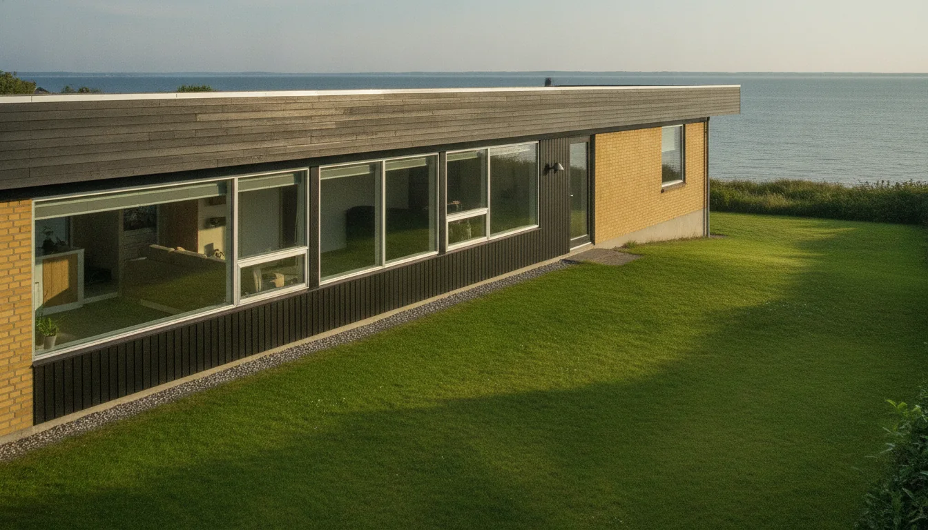 Lav villa i Ålsgårde med lange vinduesbånd ud mod Øresund