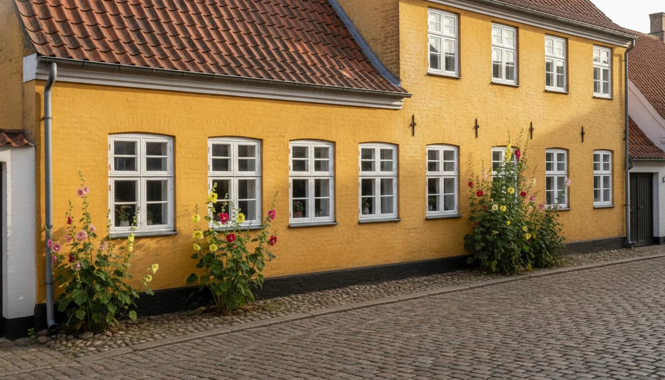 Gult hus i Dragørs gamle by med hvide sprossede vinduer ud mod brostenene
