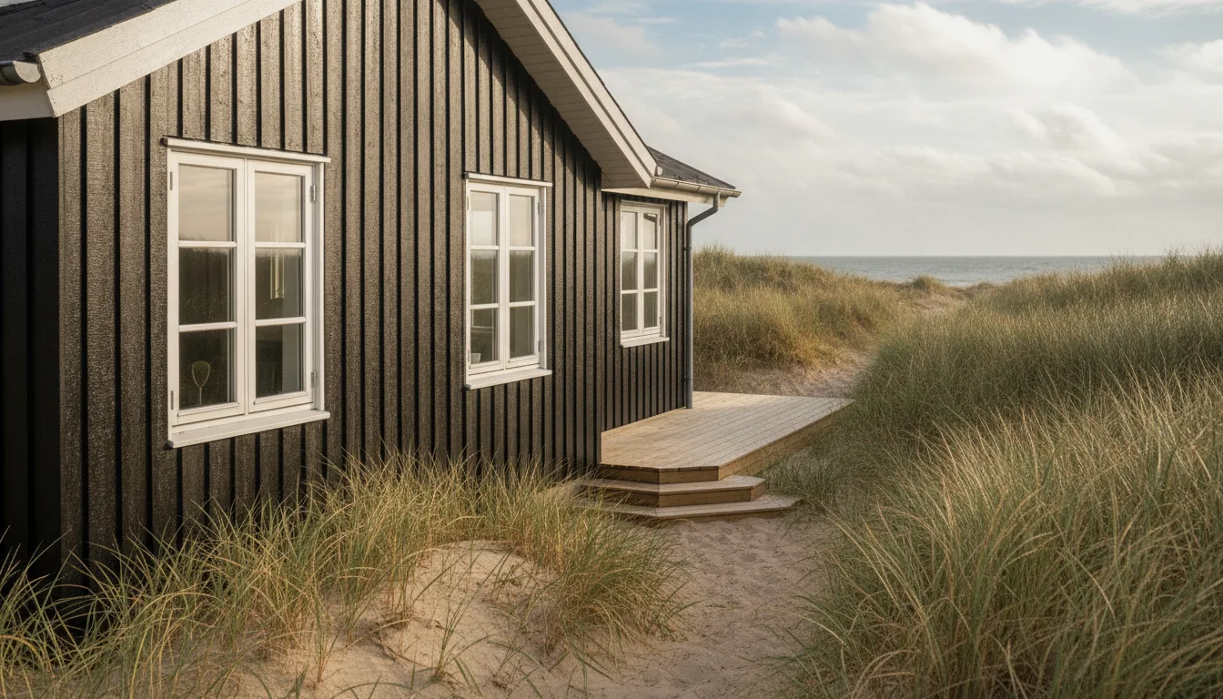 Sommerhus ved Dronningmølle med sort træbeklaedning og hvide vinduesrammer i klitten