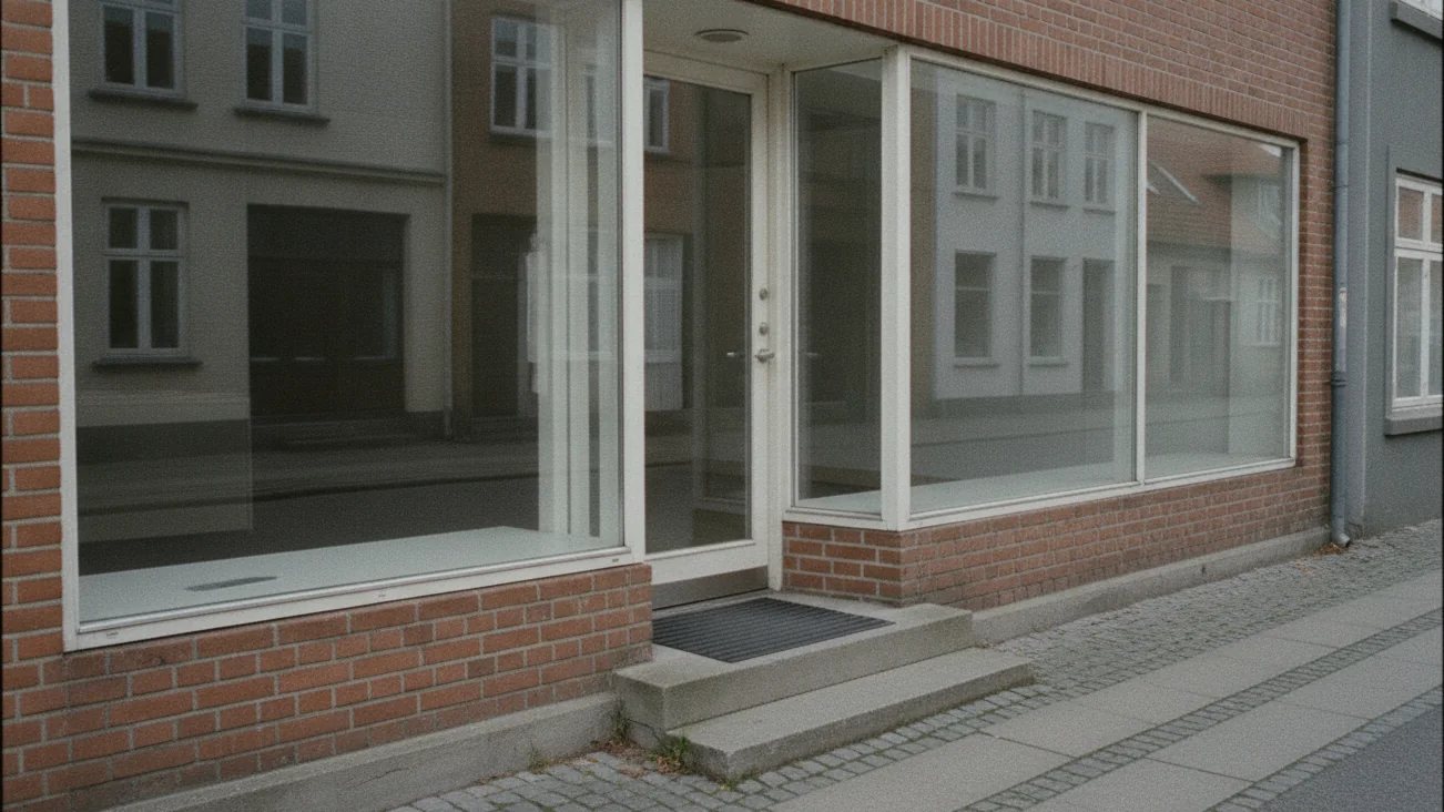 Facade med store rene ruder, hvor gaden spejler sig i glasset