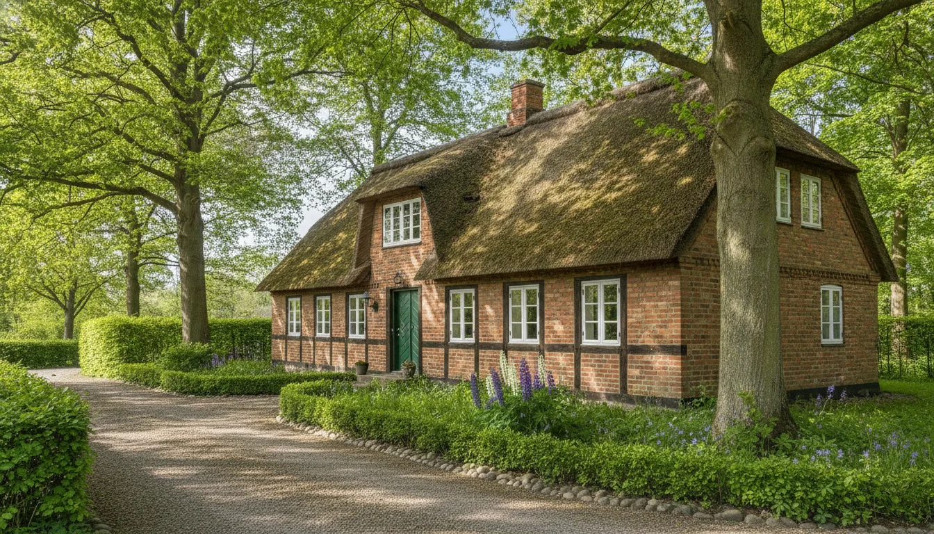 Hus ved Græsted under store gamle træer med hvide vinduesrammer