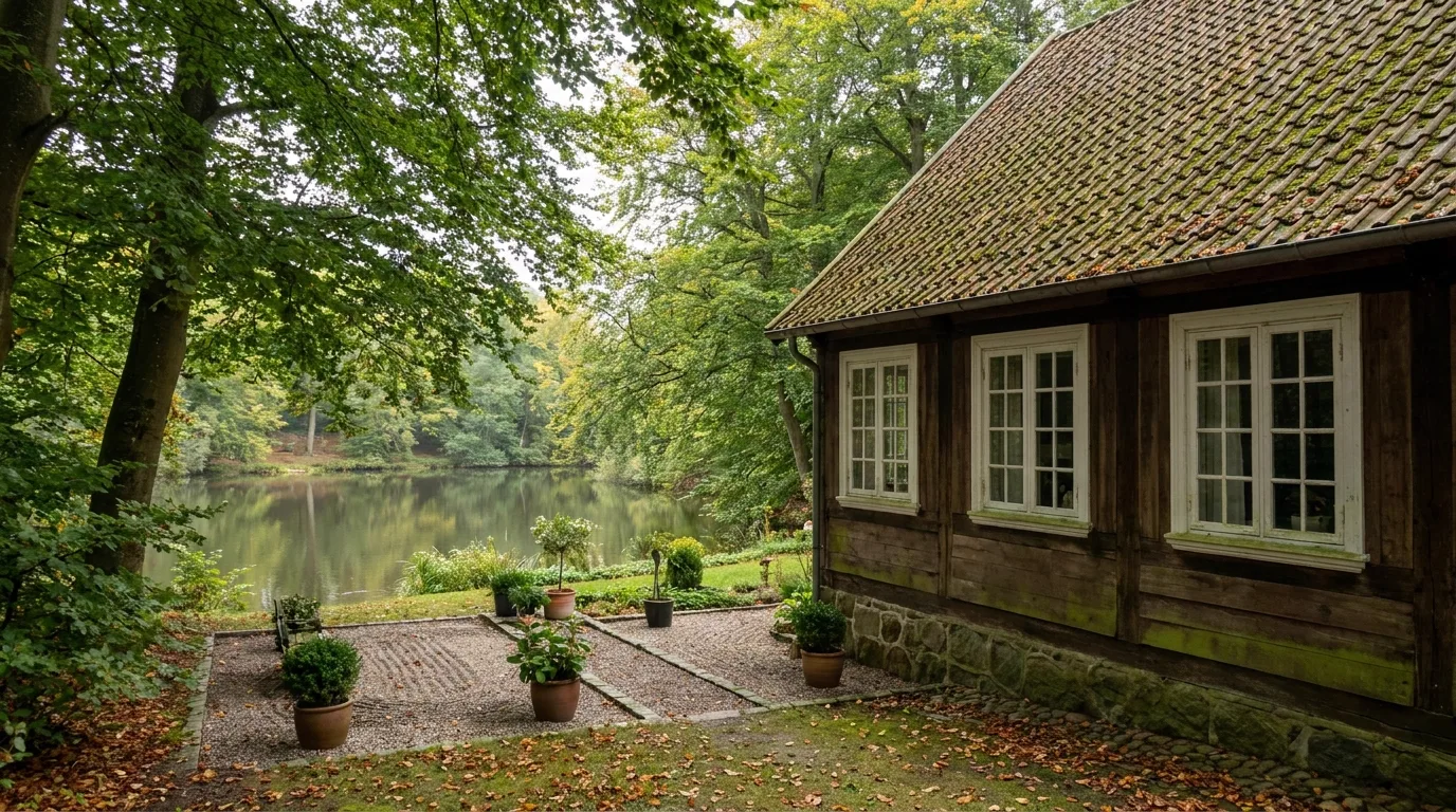Hus mellem bøgetræer ved en skovsø i Hellebæk