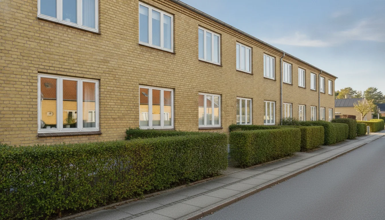 Rækkehuse i gul mursten i Kastrup med store vinduer mod gaden