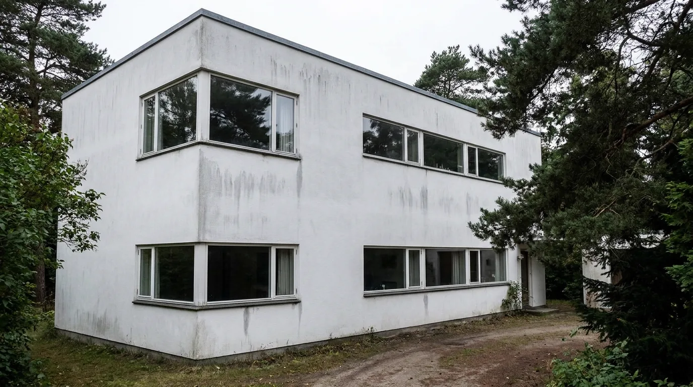 Hvidt funkishus i Klampenborg med hjørnevinduer og fladt tag