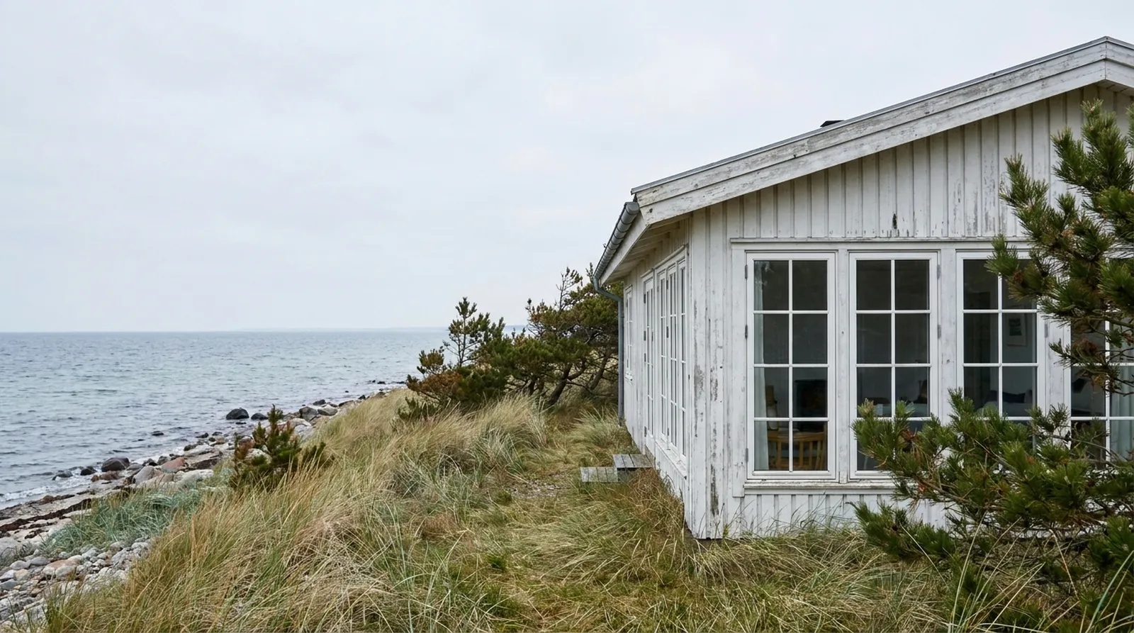 Sommerhus ved kysten i Nordsjælland med sprossede vinduer ud mod vandet