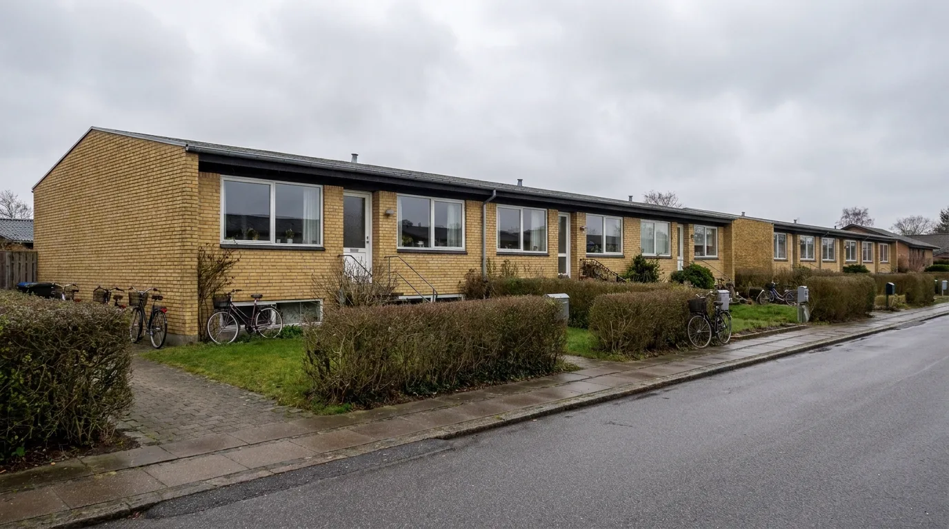 Række af gule murstenshuse fra 70’erne i Nivå