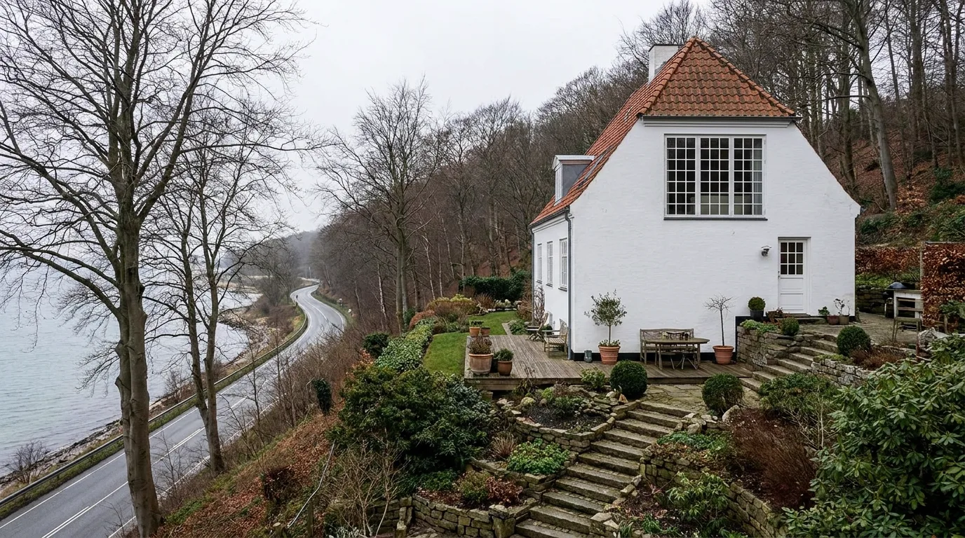 Hvid villa på skrænten i Skodsborg med Øresund og Strandvejen nedenfor