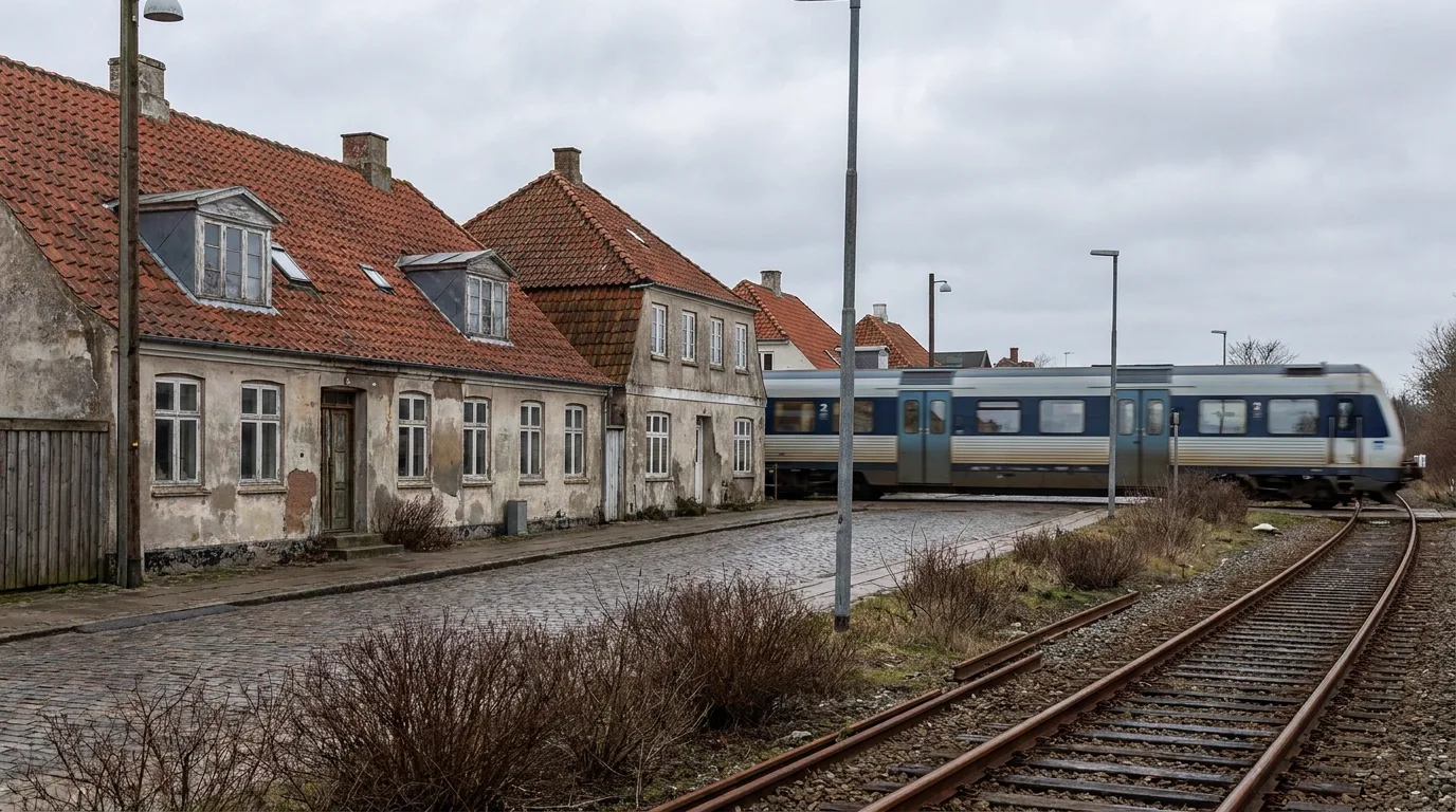 Huse ved Kystbanen i Snekkersten med et tog i baggrunden