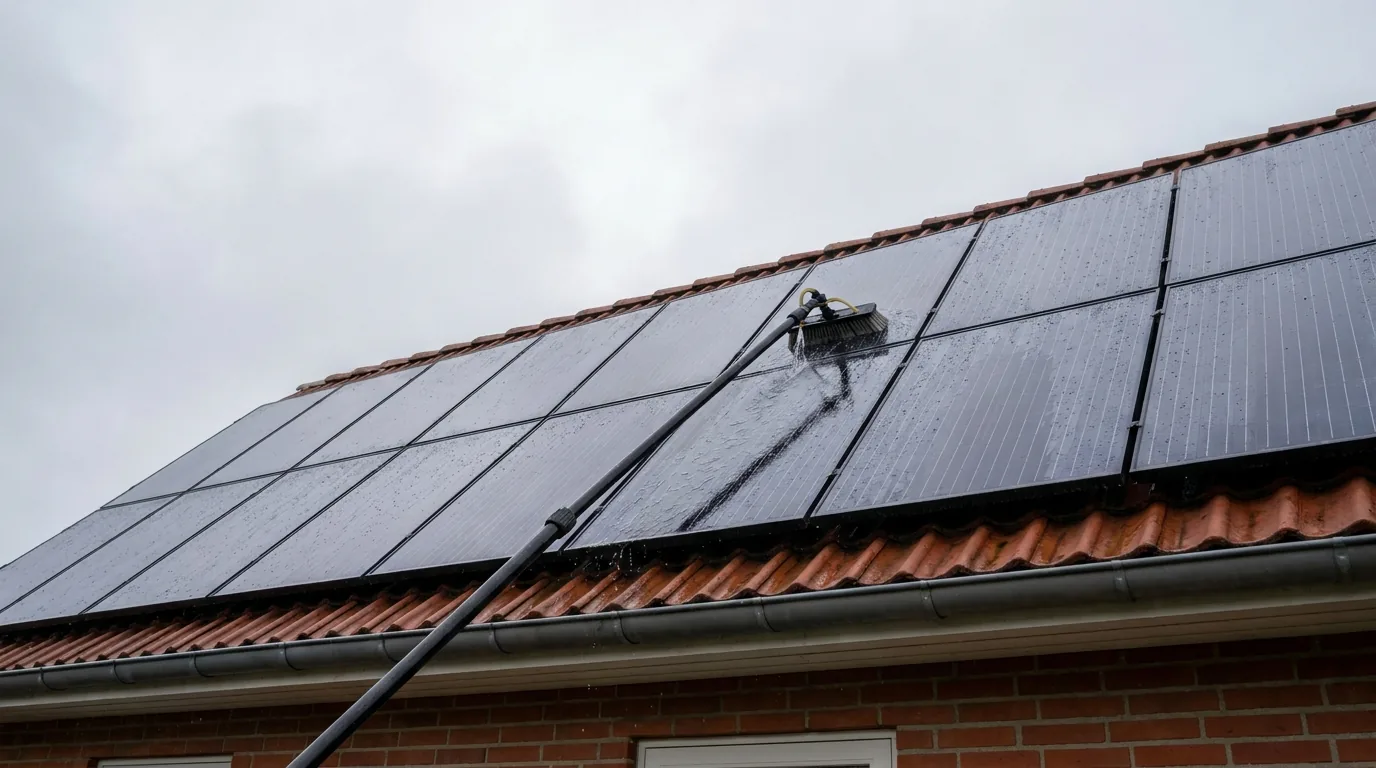Solceller på et tag bliver vasket med rent vand og teleskopstang