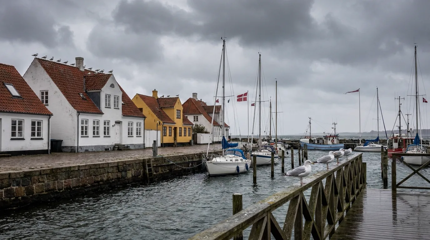 Huse ved havnen i Vedbæk med måger på gelænderet